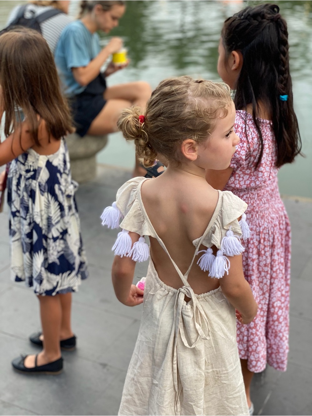 Linen Girls Cream Tassel Shoulder sundress